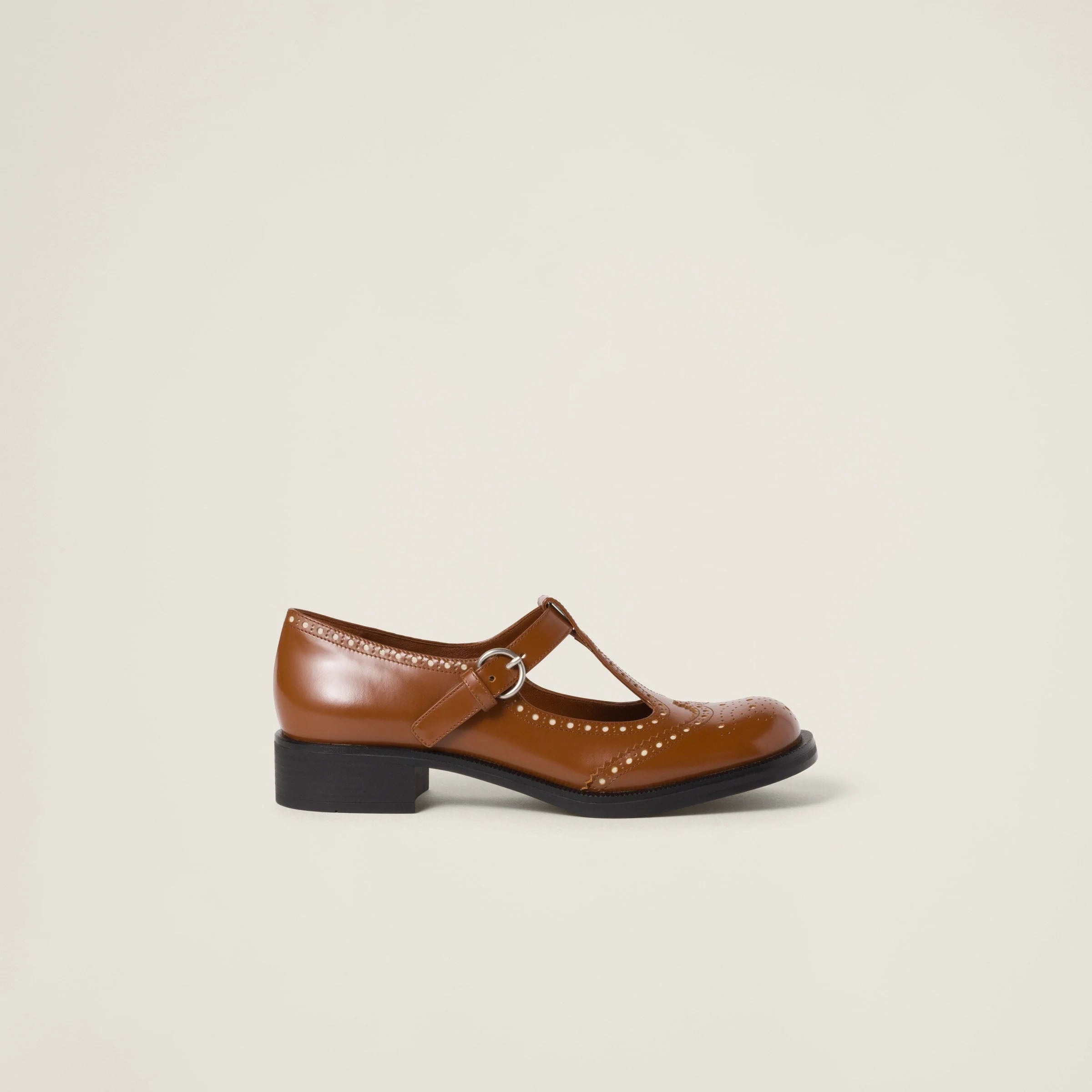 Brushed leather T-strap brogue shoes
