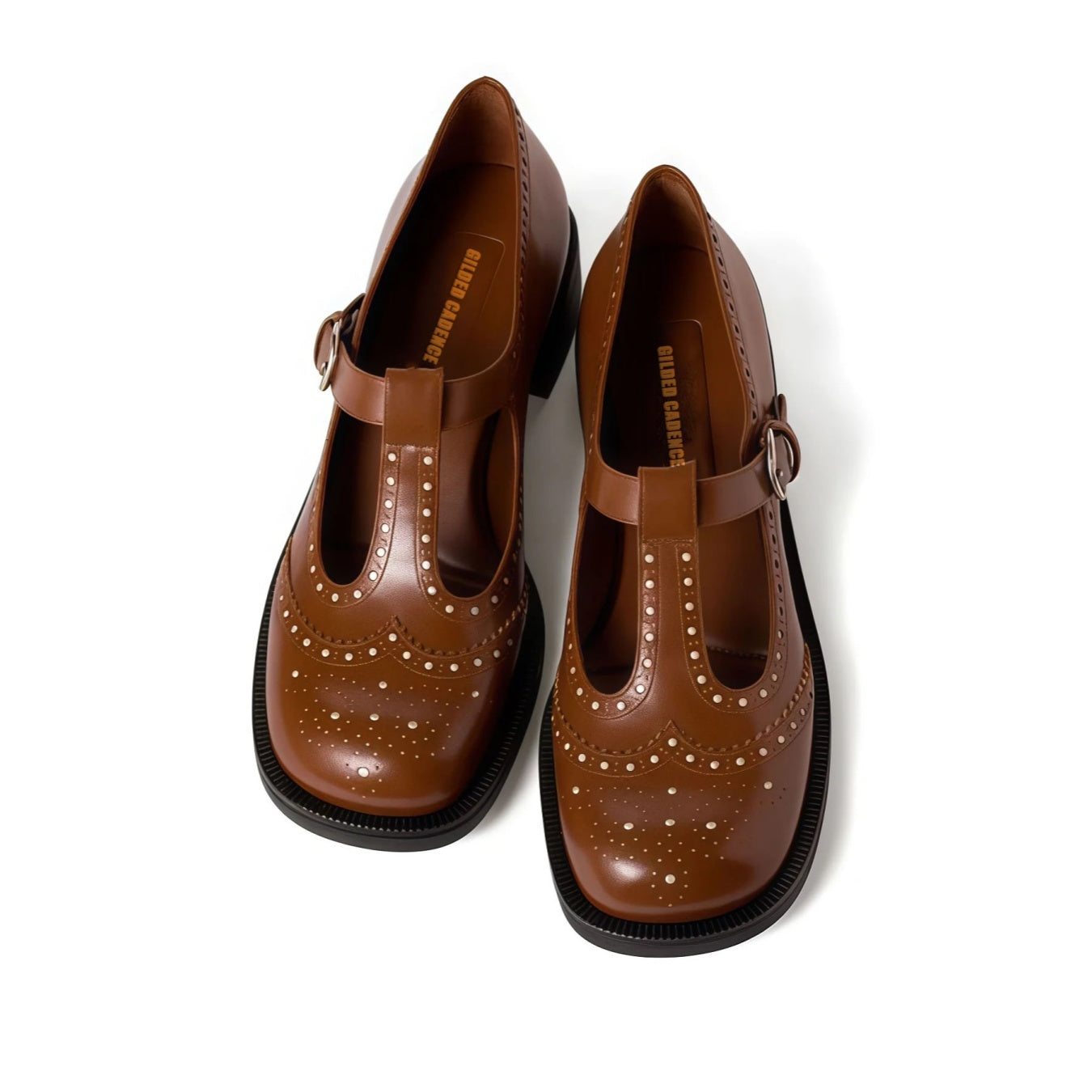 T-Strap Brushed Leather Brogue Shoes