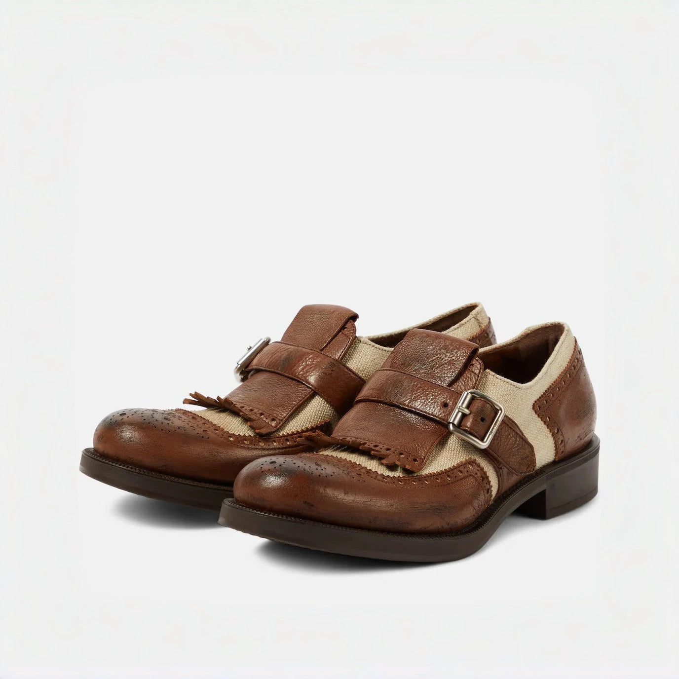 Leather and Canvas Monk Strap Loafers