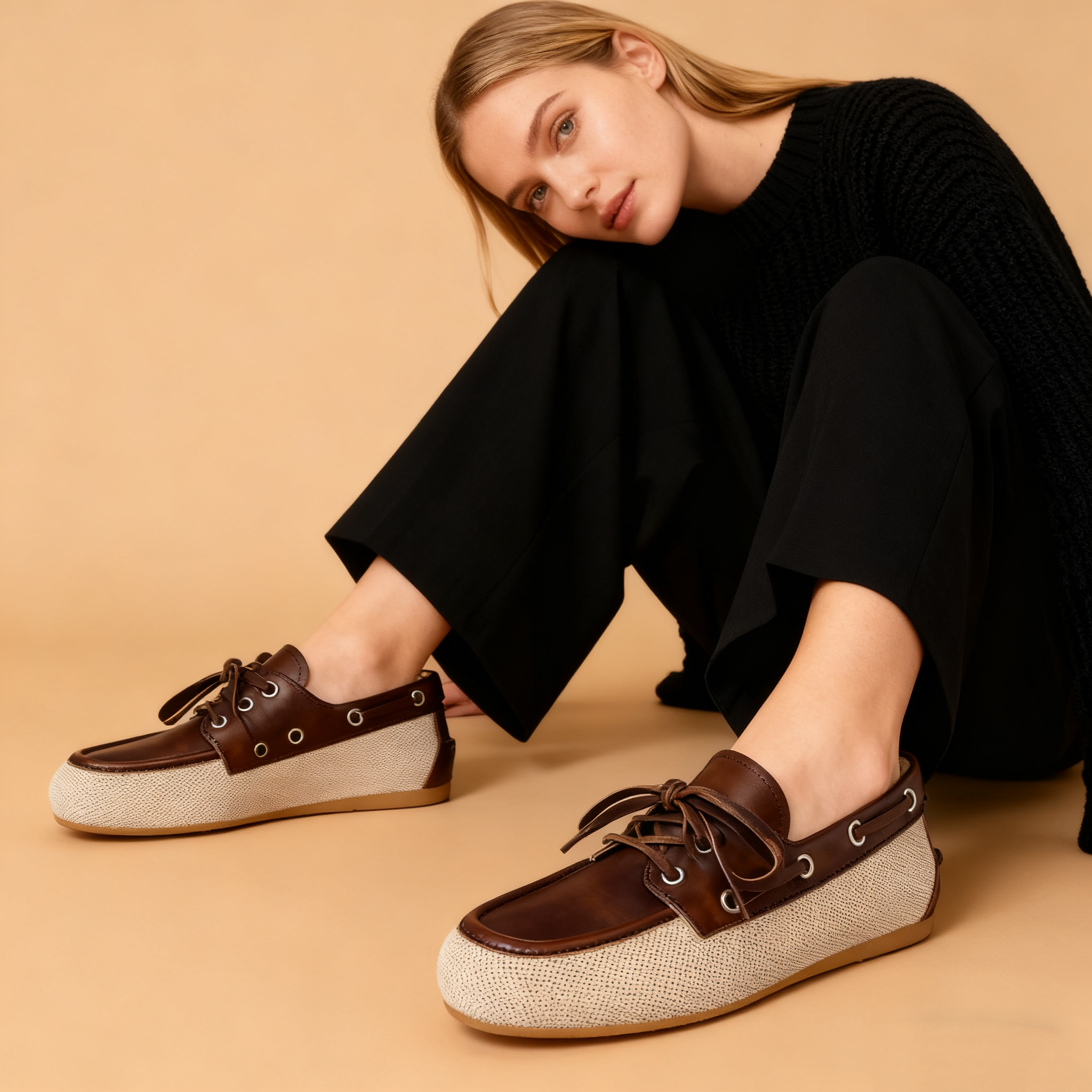 Canvas and bleached leather boat shoes