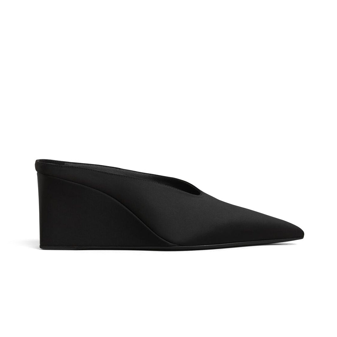 Satin Black Cube Wedge Mules