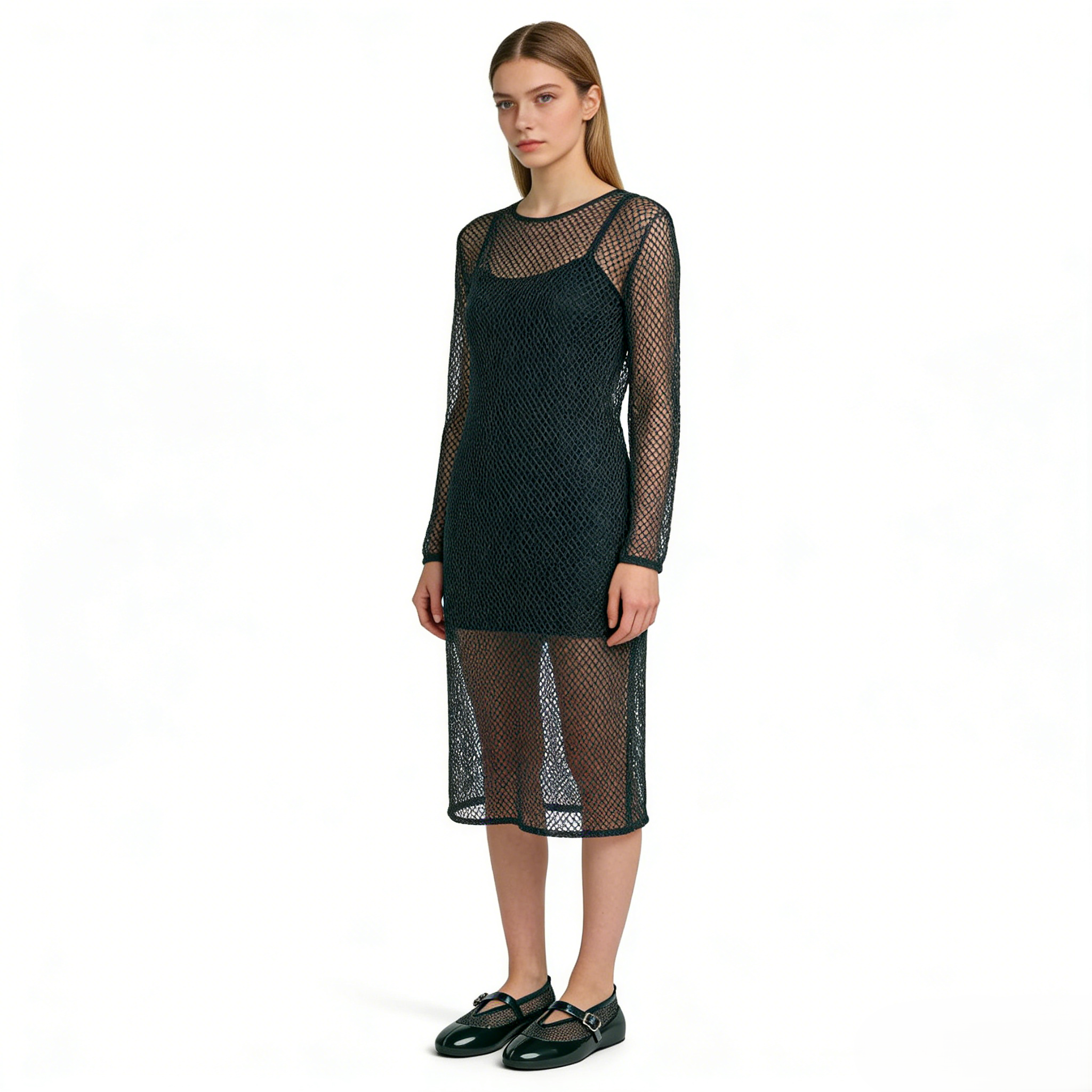 Women's Green Fishnet Rubber Ballet Flats