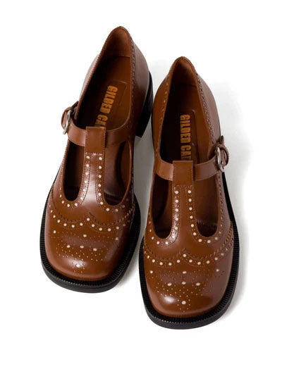 Brushed leather T-strap brogue shoes