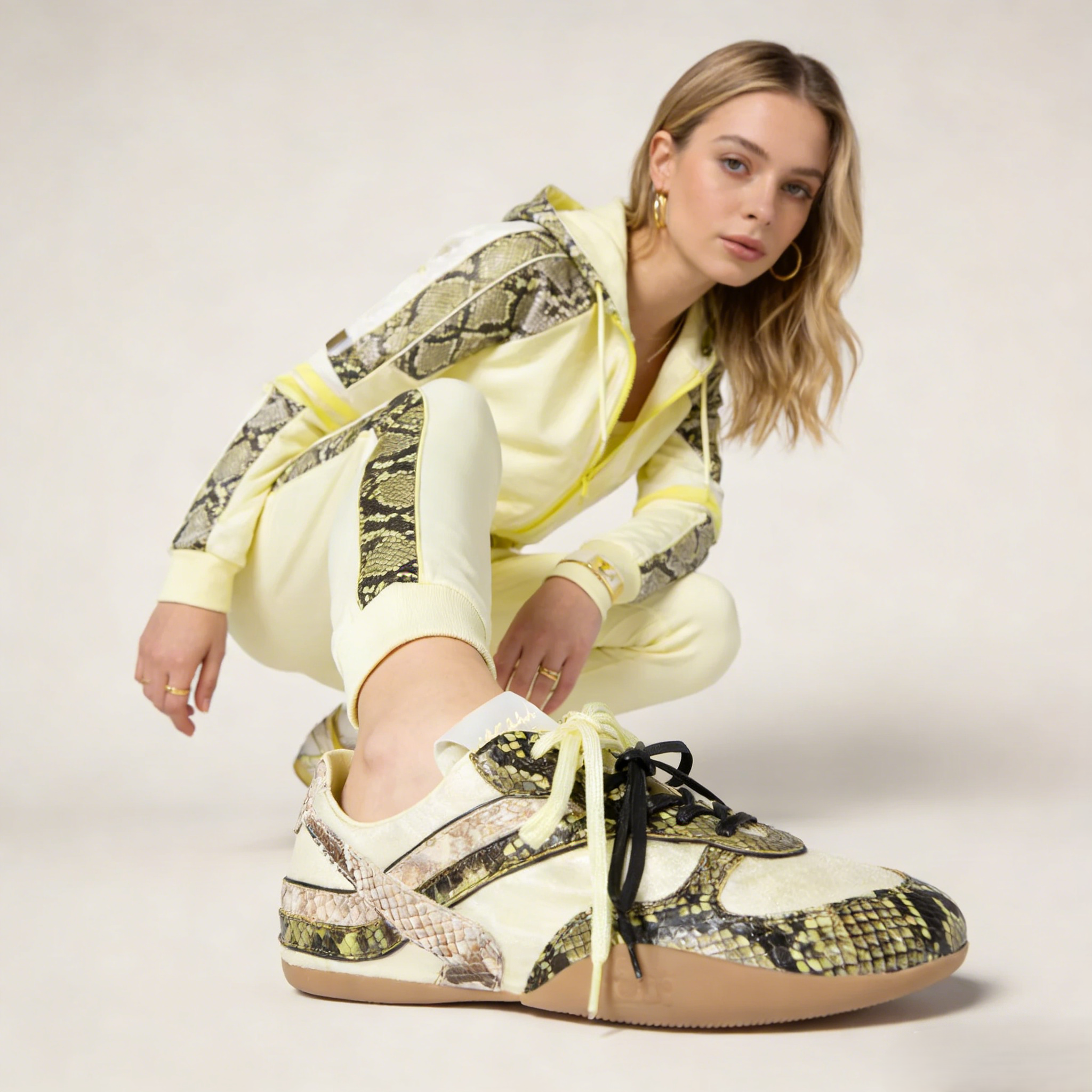 Gymnasium technical fabric and python-print Ayers leather sneakers