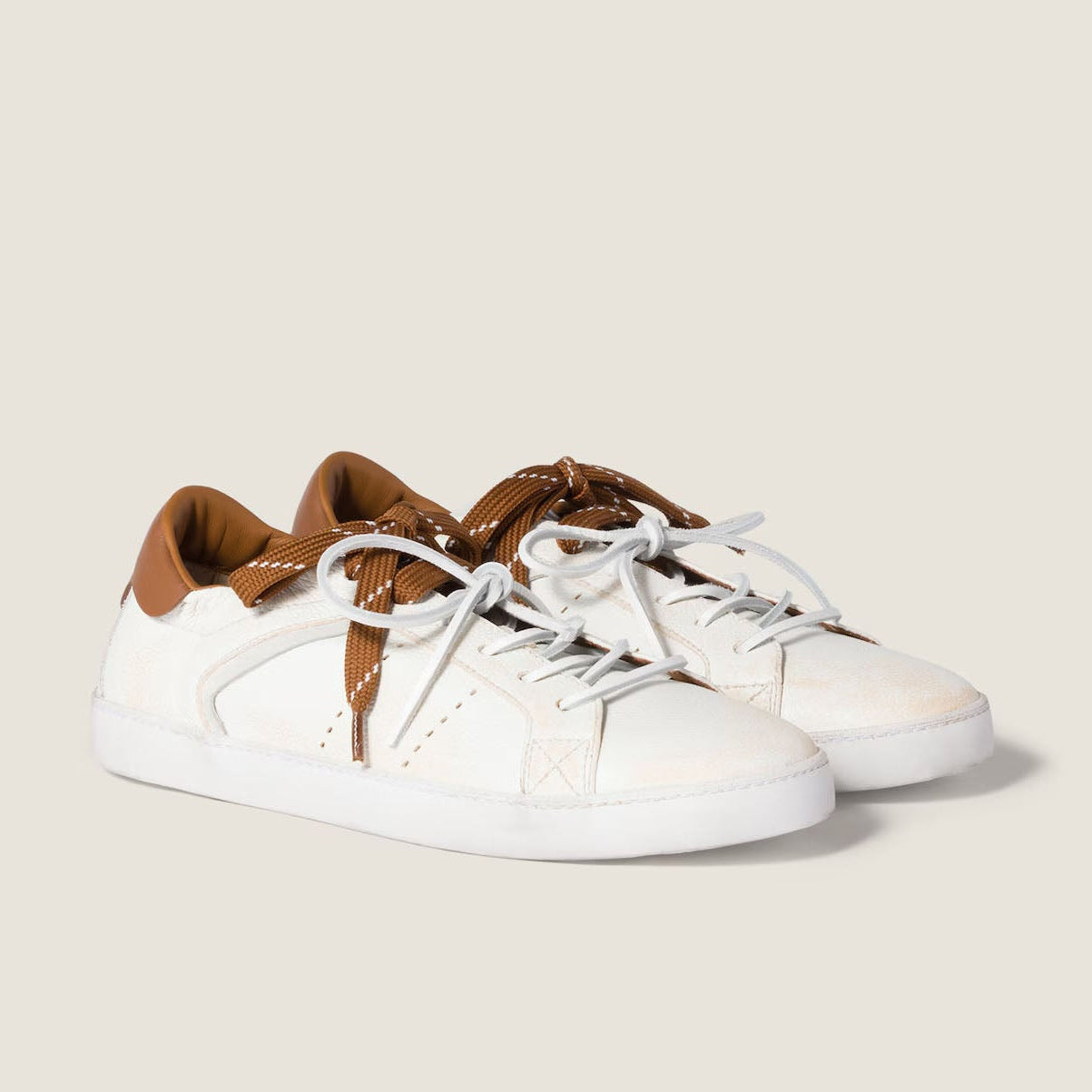 Art Deco White and Cognac Leather Sneakers