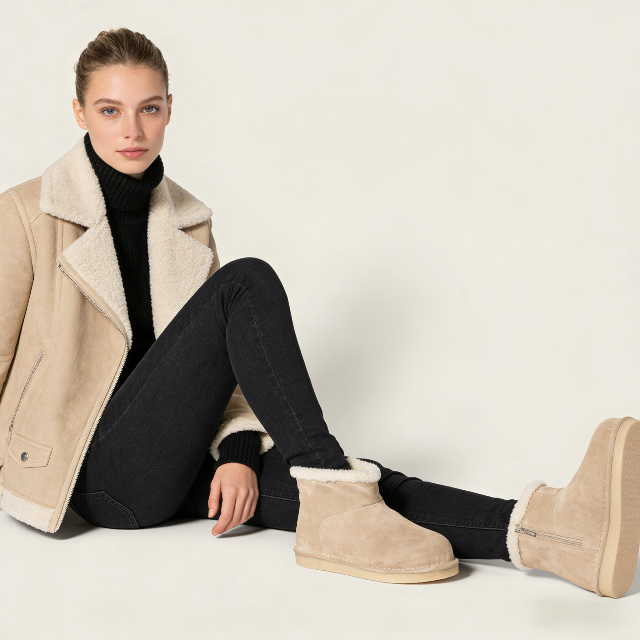 Beige Suede Fold-Over Winter Booties