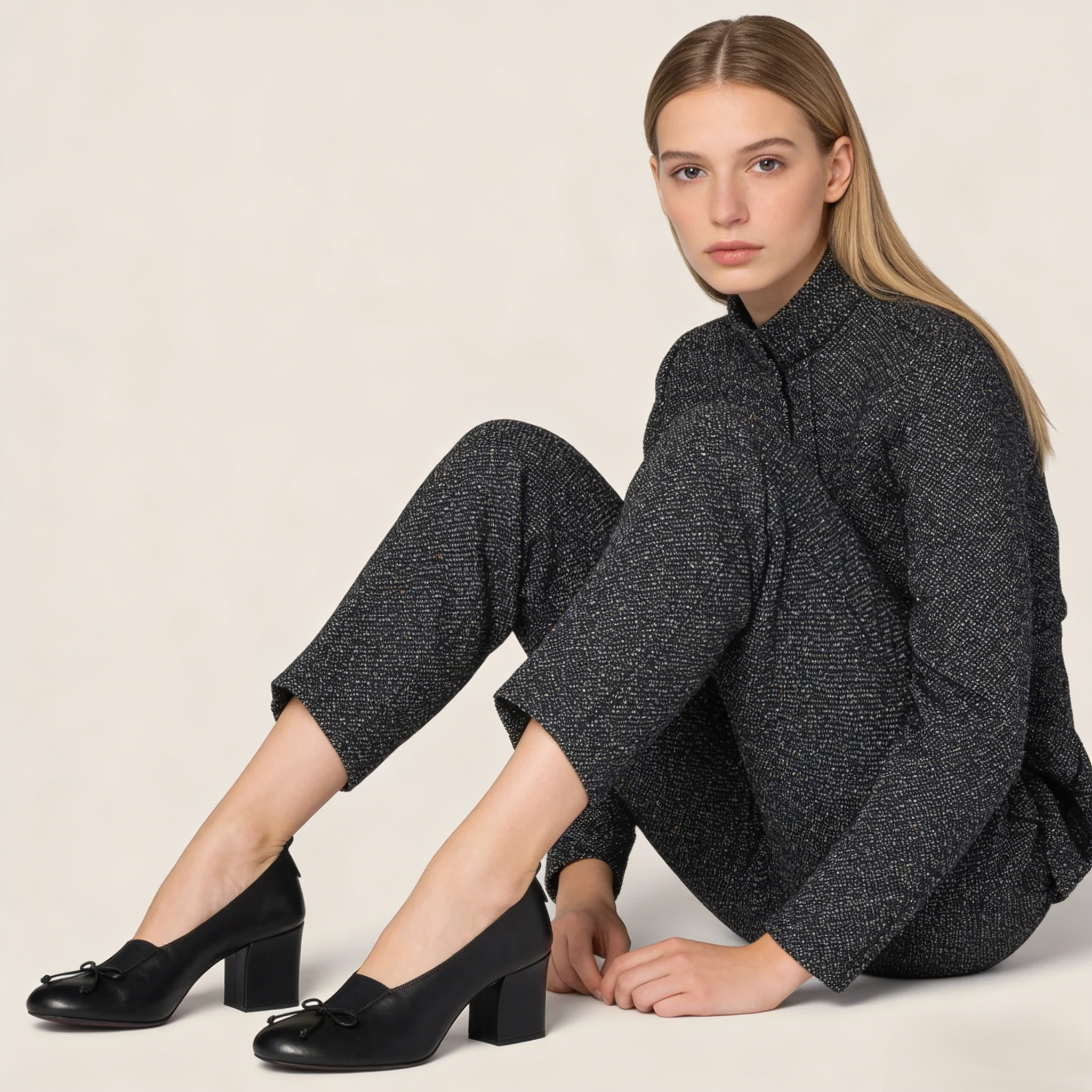 Black Nappa Leather Bow Block Pumps