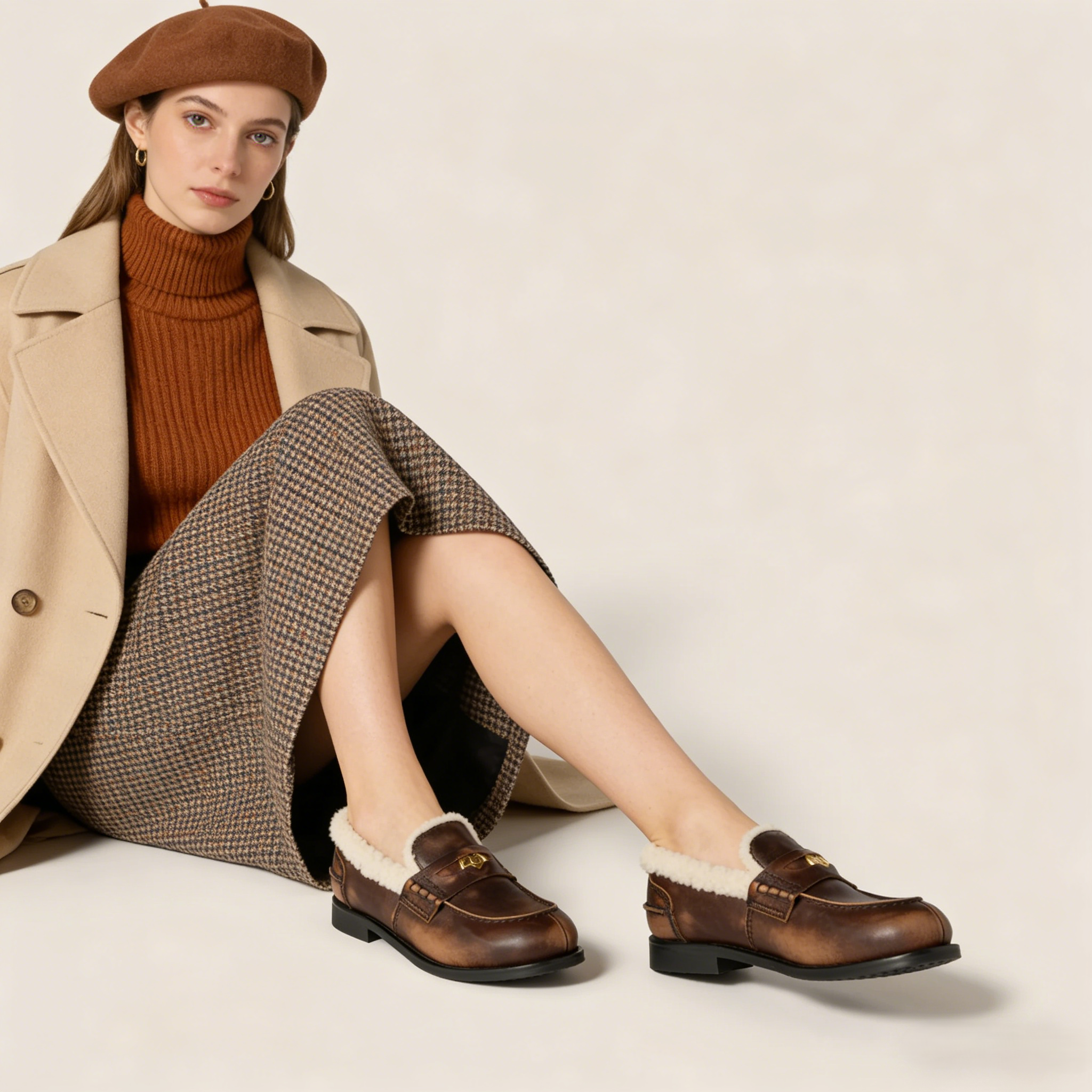 Bleached leather and shearling penny loafers