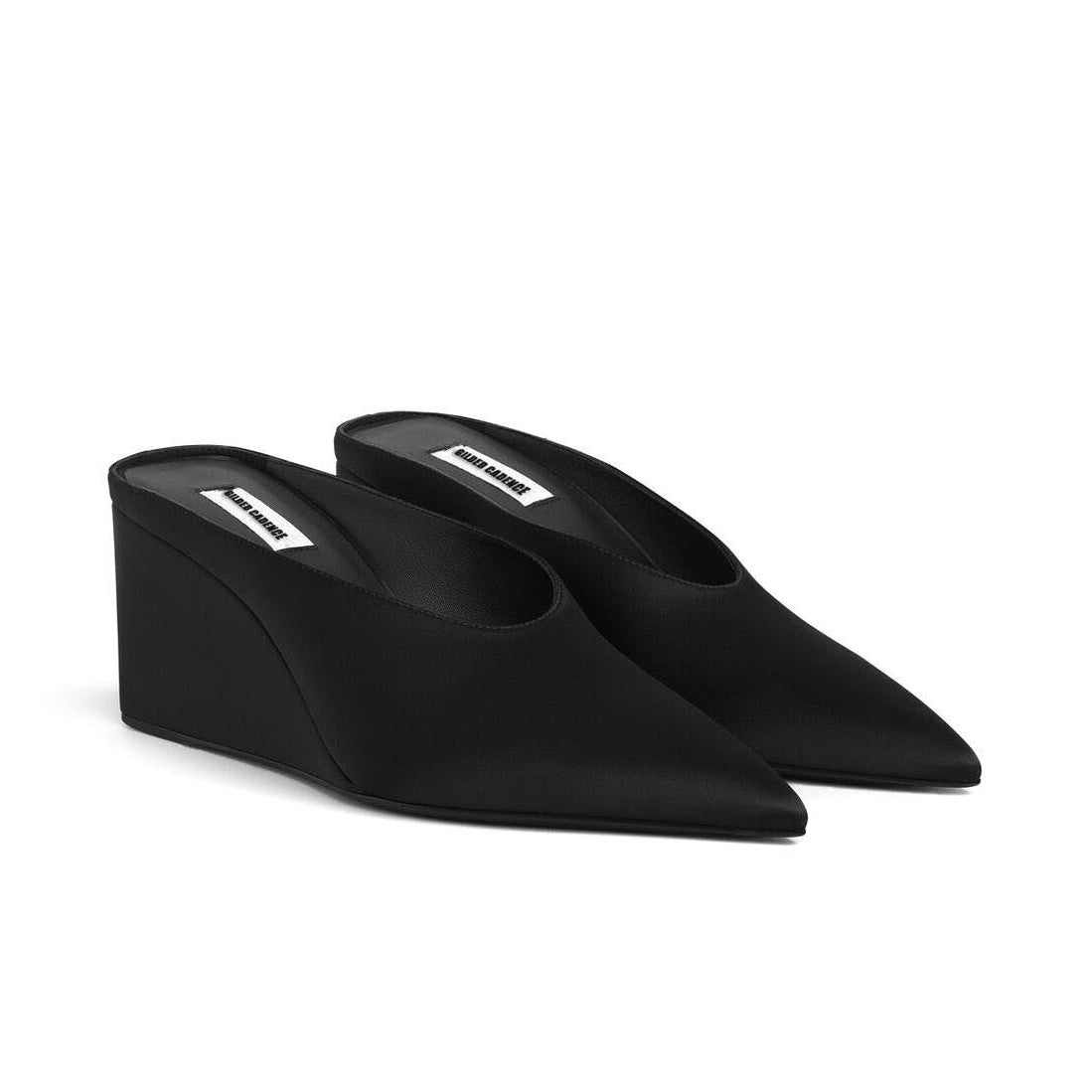 Satin Black Cube Wedge Mules