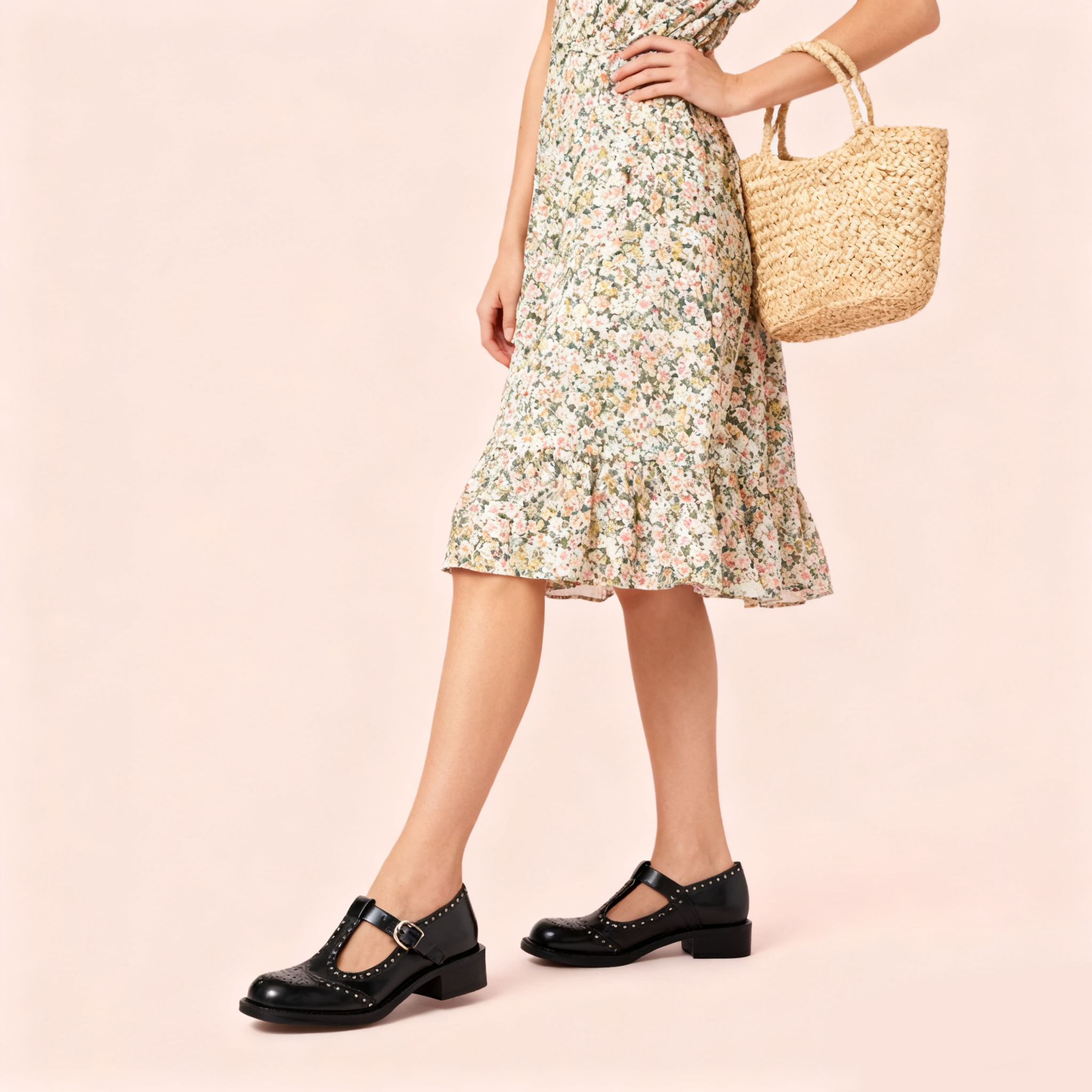 Brushed leather T-strap brogue shoes