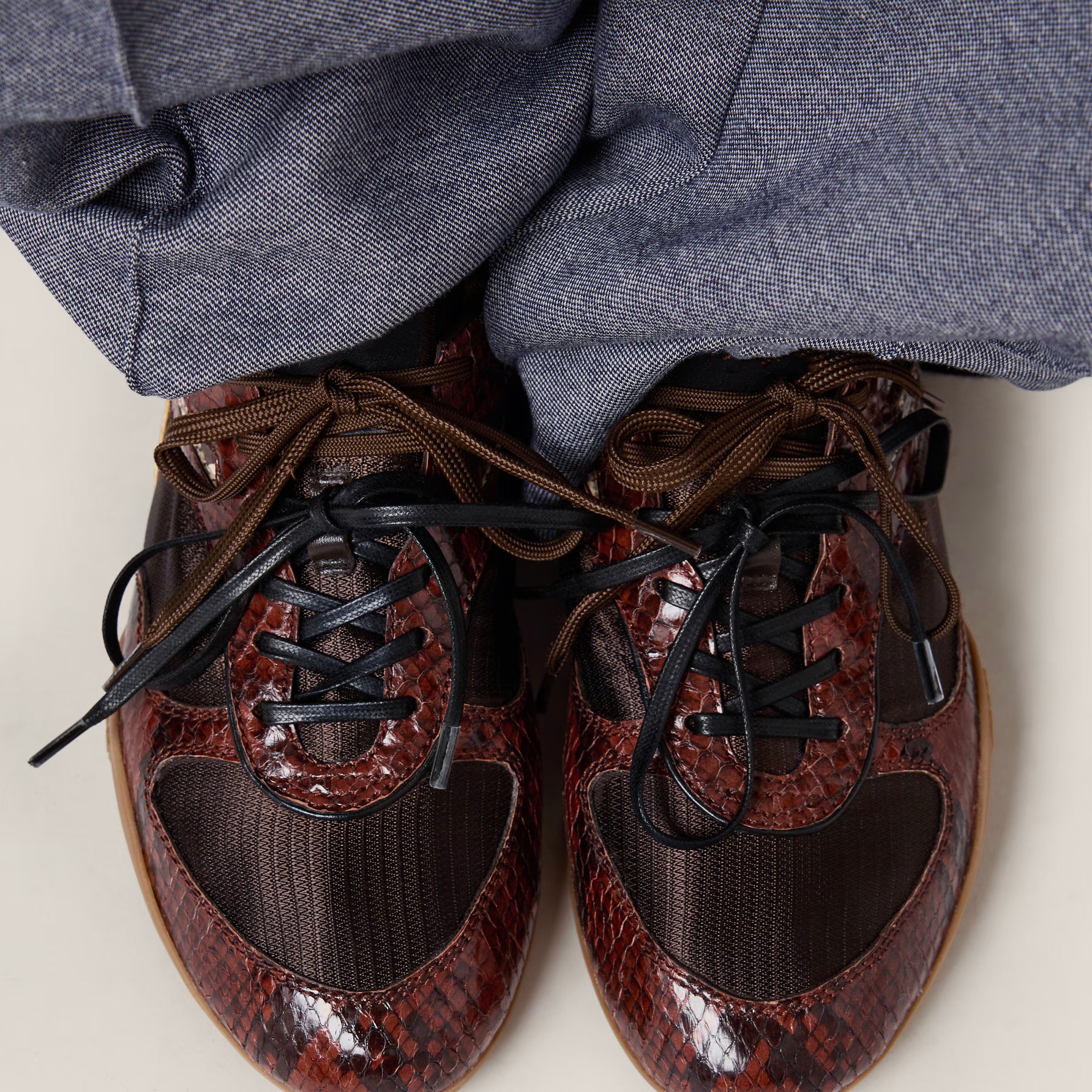 technical fabric and python-print Leather sneakers