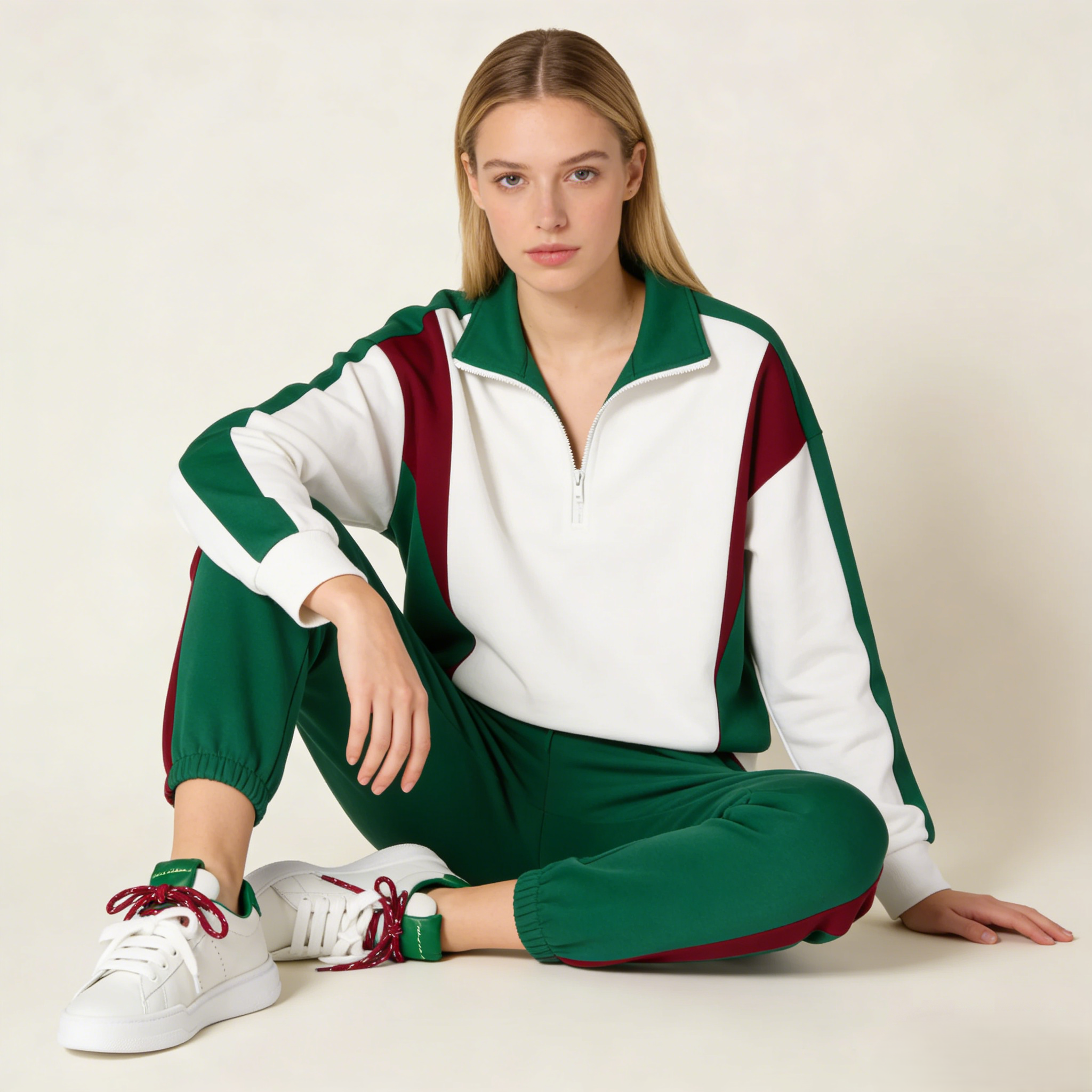 Women's White and Green Leather Sneakers