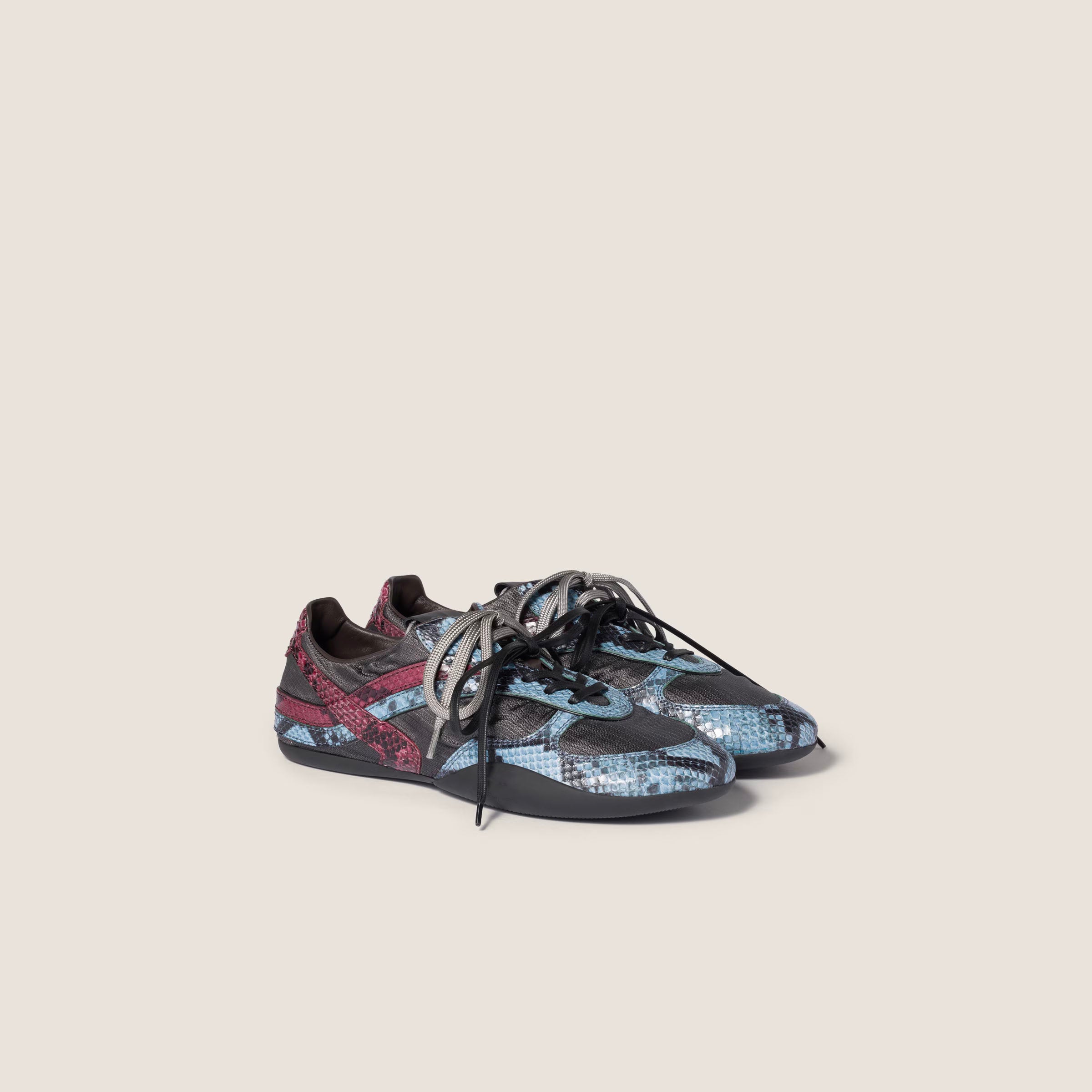 Gymnasium technical fabric and python-print Ayers leather sneakers