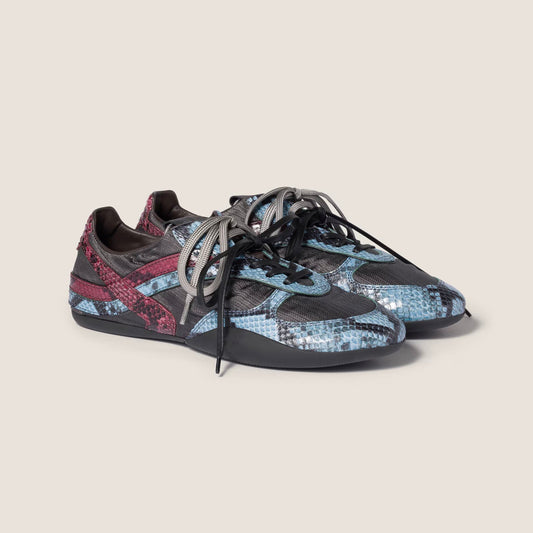 Gymnasium technical fabric and python-print Ayers leather sneakers