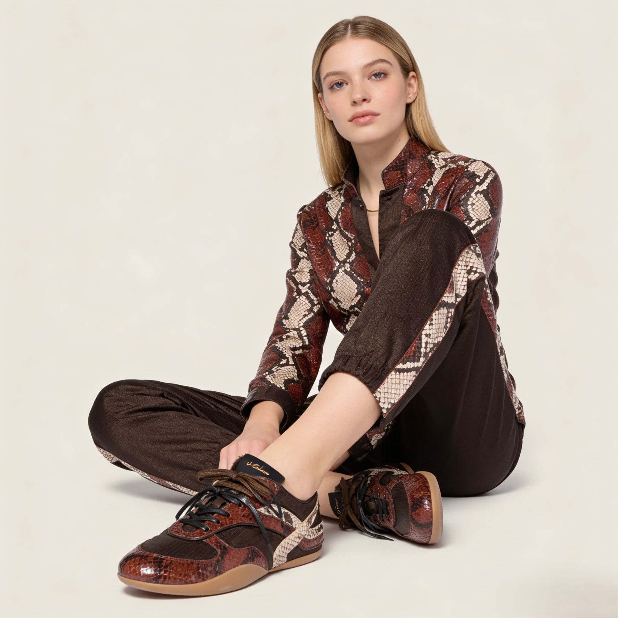 technical fabric and python-print Leather sneakers