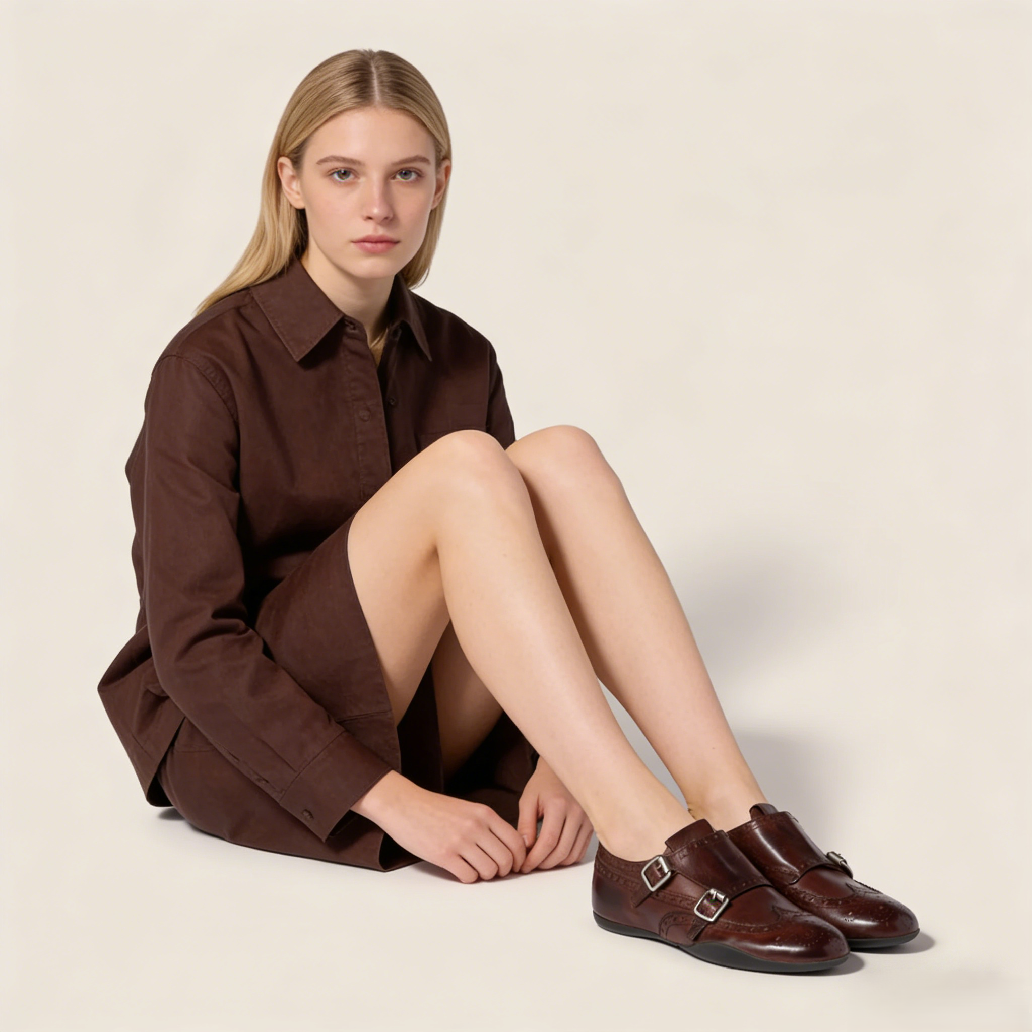 Calf leather brogue shoe with buckles