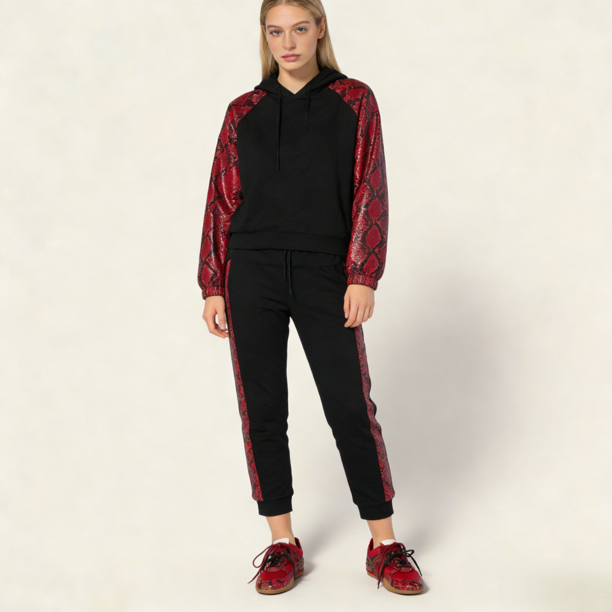 Gymnasium technical fabric and python-print Ayers leather sneakers