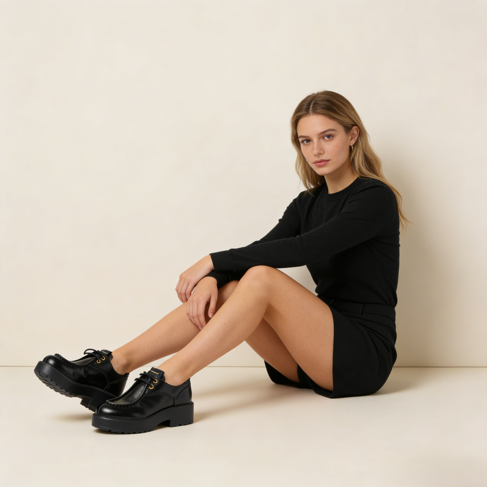 Women's Black Leather Lace-Up Flats