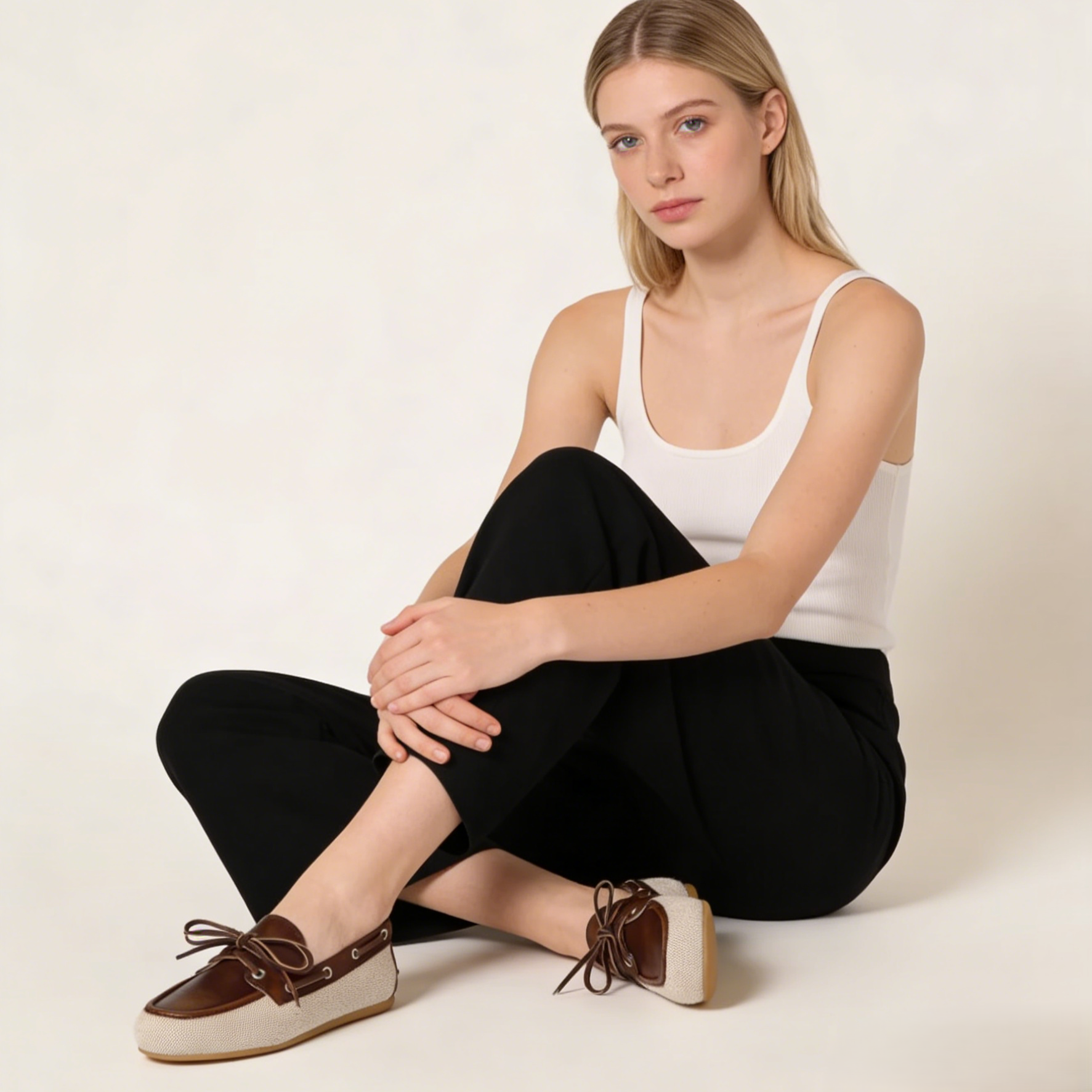 Canvas and bleached leather boat shoes