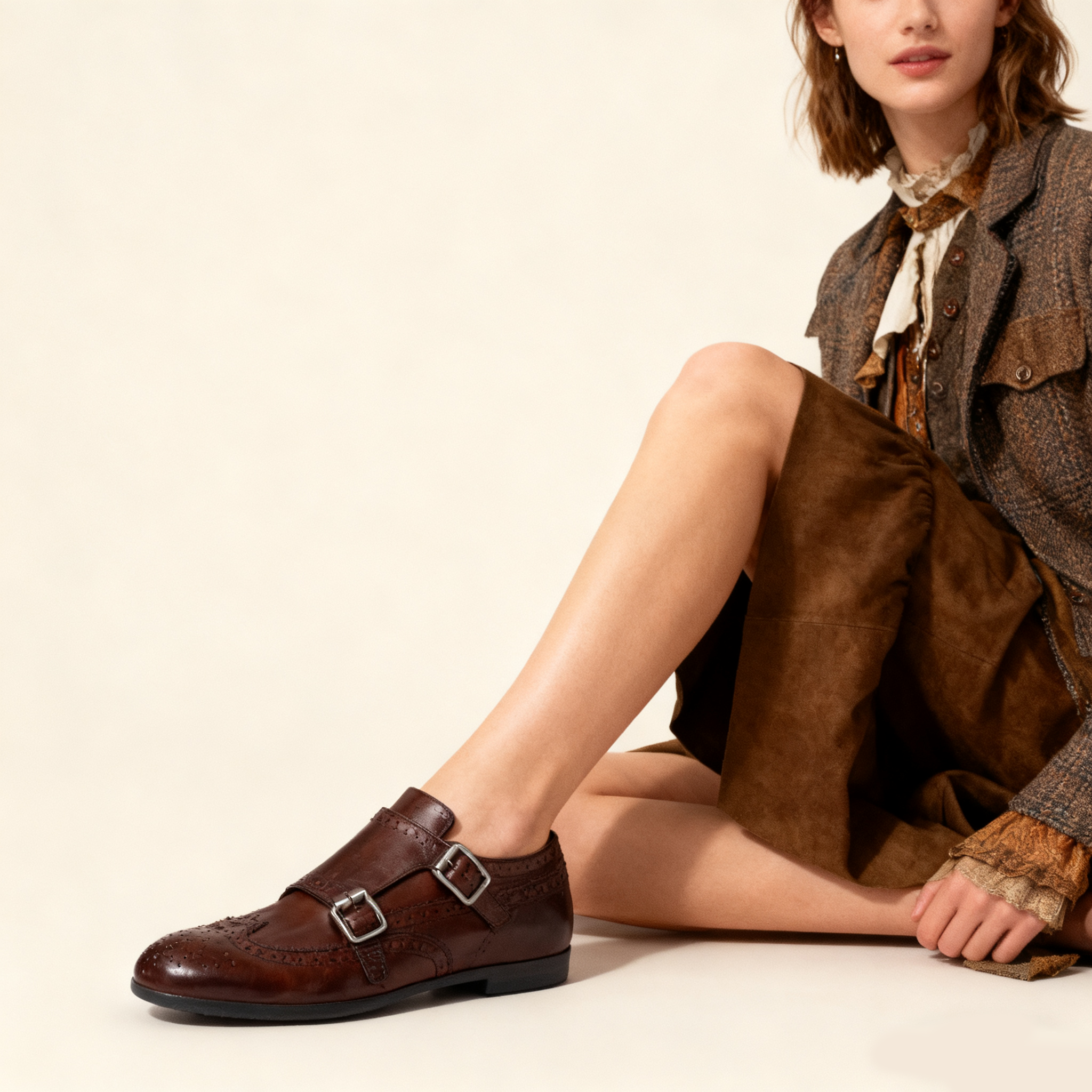 Calf leather brogue shoe with buckles