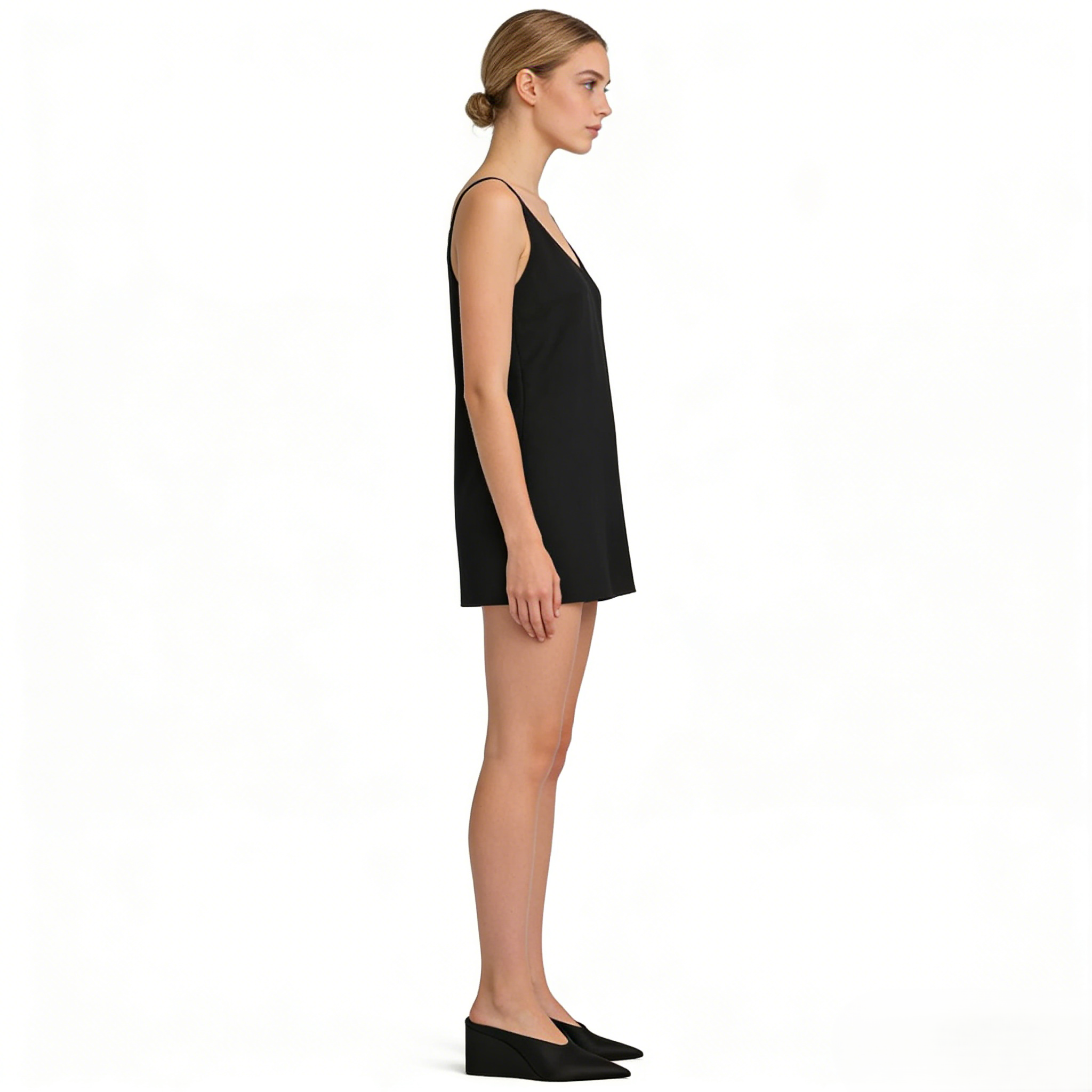 Satin Black Cube Wedge Mules