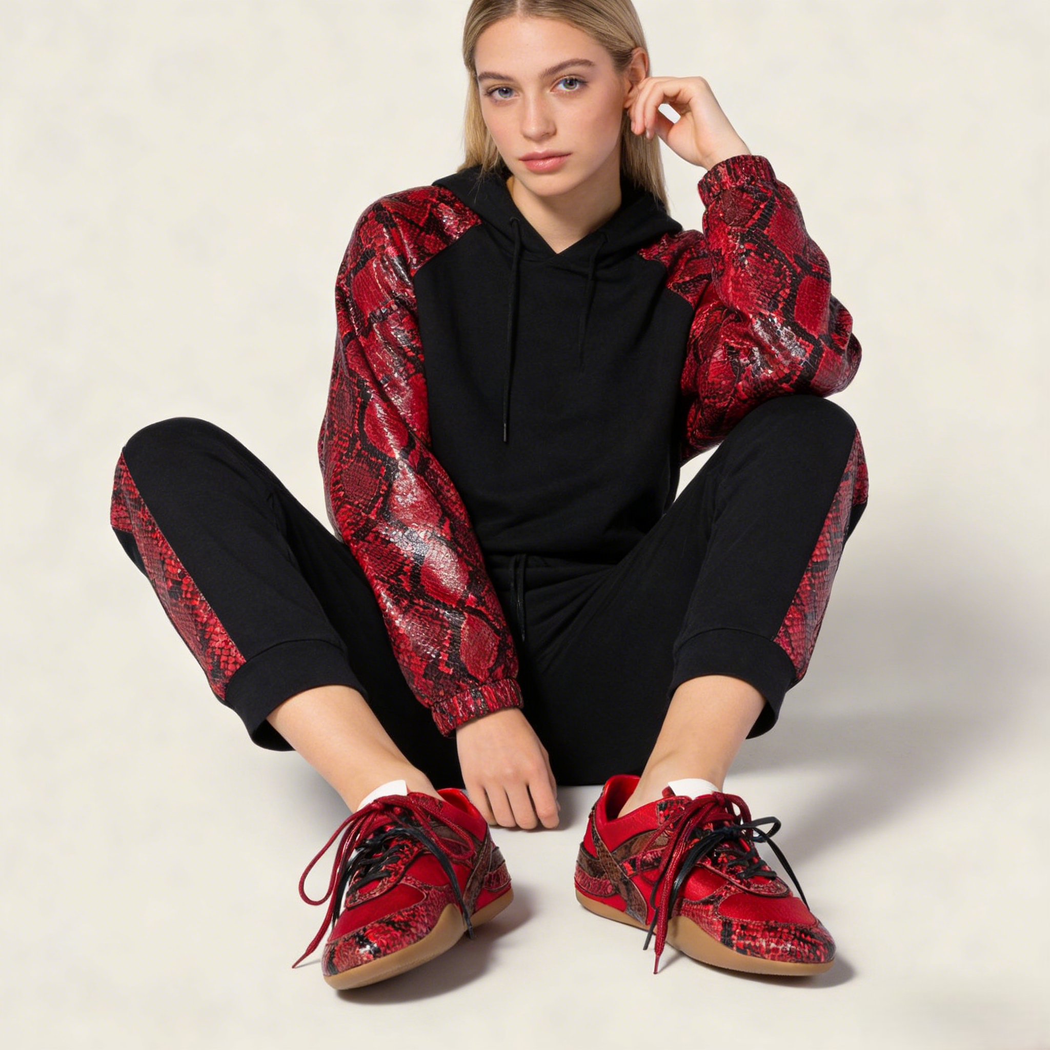 Gymnasium technical fabric and python-print Ayers leather sneakers