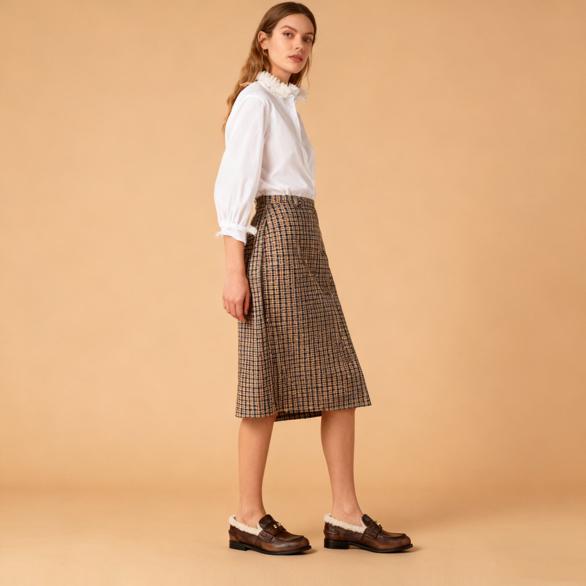 Bleached leather and shearling penny loafers