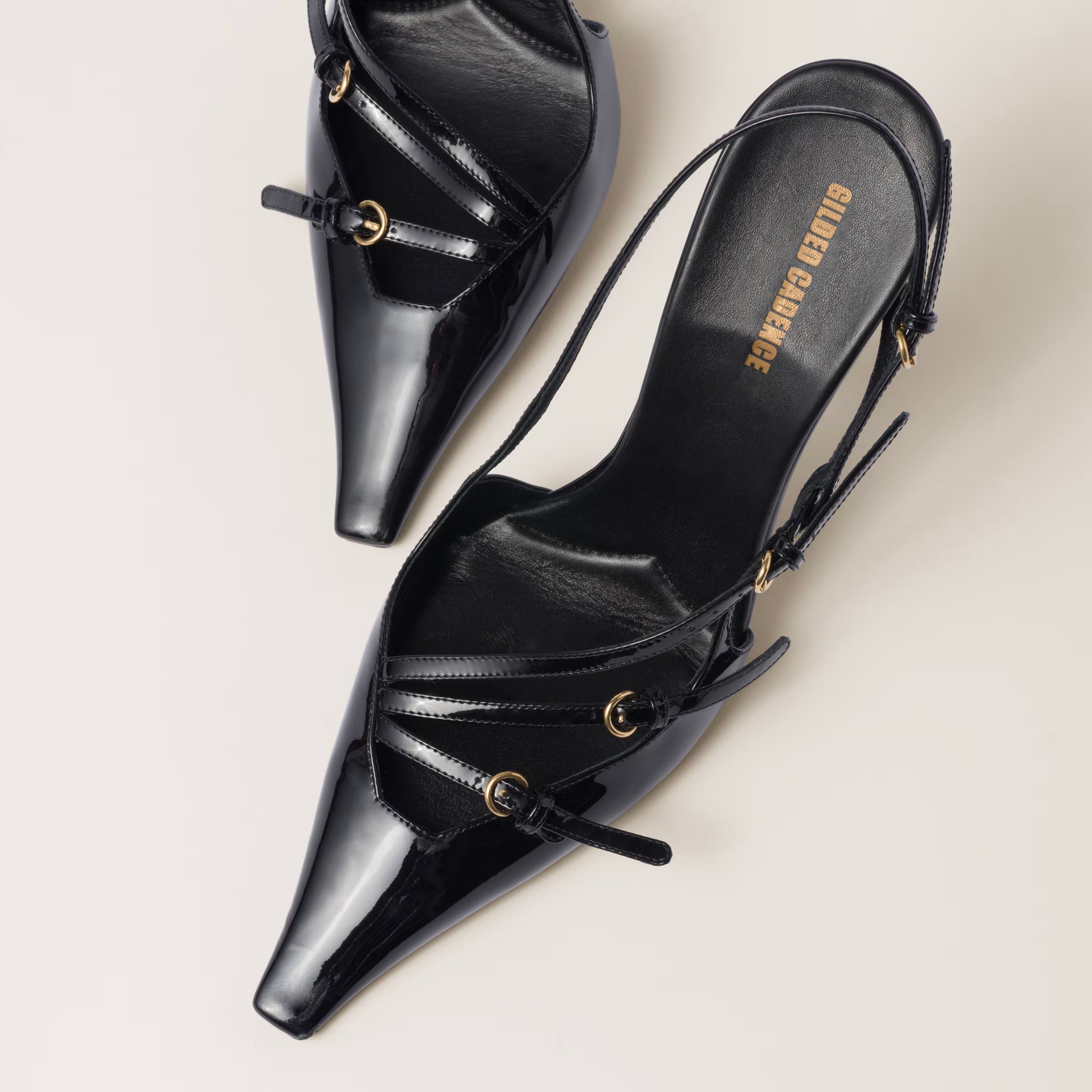 Patent leather slingbacks with buckles
