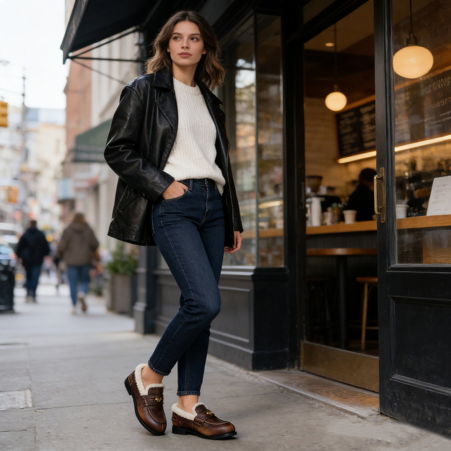 Bleached leather and shearling penny loafers