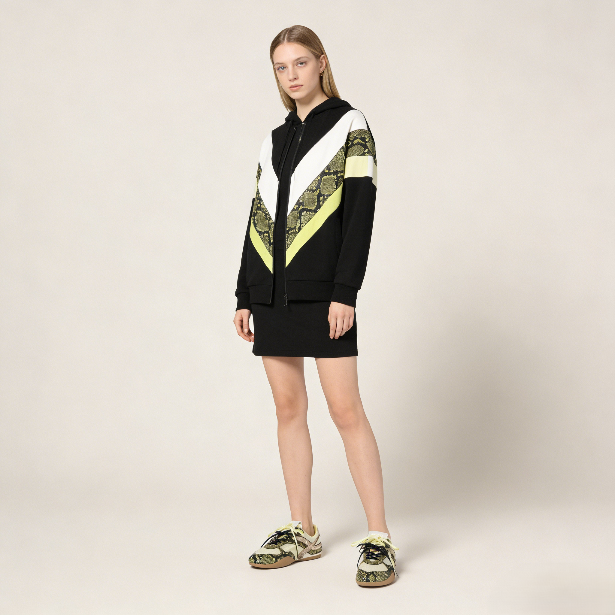 Gymnasium technical fabric and python-print Ayers leather sneakers