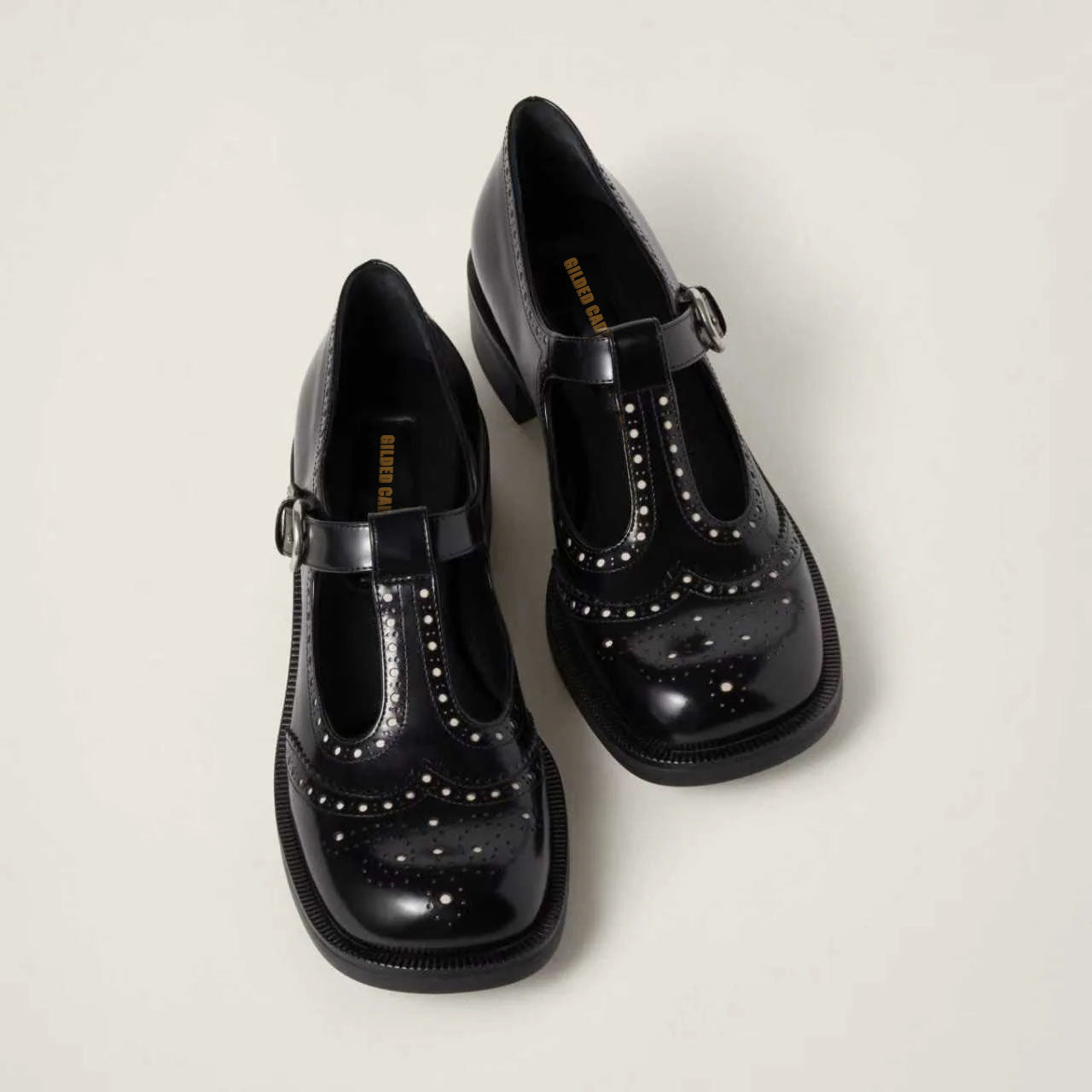 Black Brushed Leather T-Strap Brogues