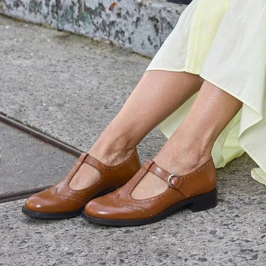 Brushed leather T-strap brogue shoes